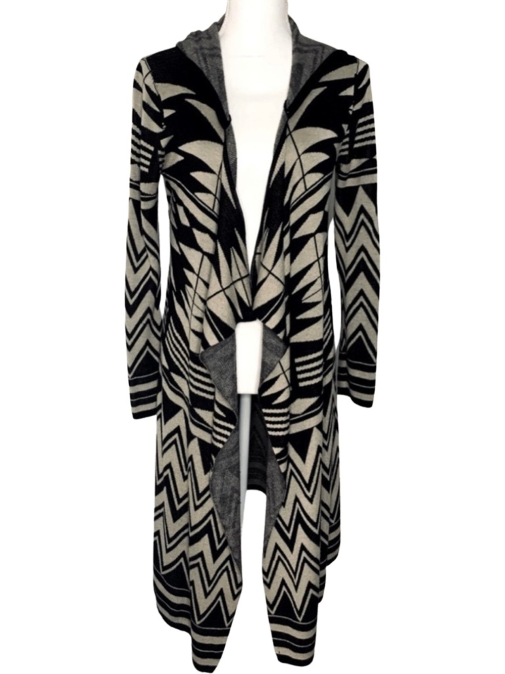 Cupio Women Aztec Open Front Long Hooded‎ Cardigan Sweater Small to Medium